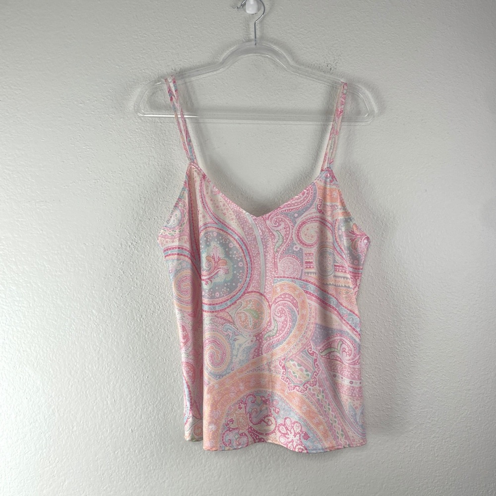 Lauren Ralph Lauren Paisley Satin Cami Top Size Medium Pink Boho Preppy Logo